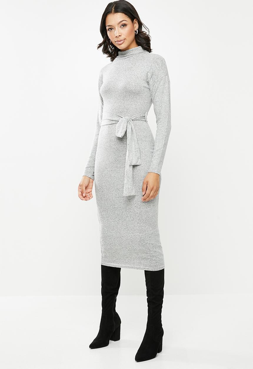 Missguided - Brushed knit high neck belted midi dress - grey