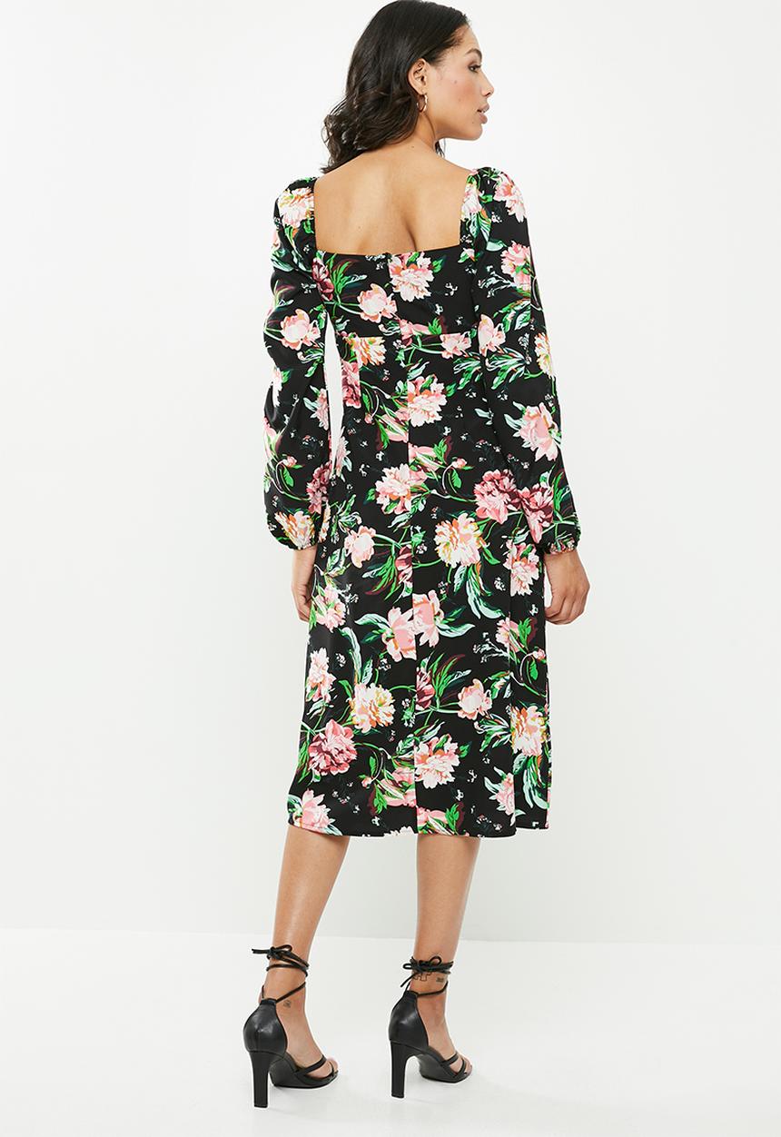 Missguided - Milkmaid ruched puff sleeve dress floral - black