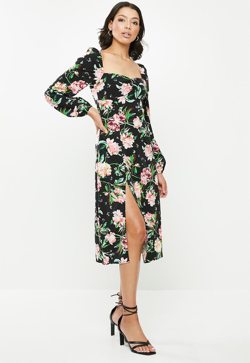 Missguided - Milkmaid ruched puff sleeve dress floral - black