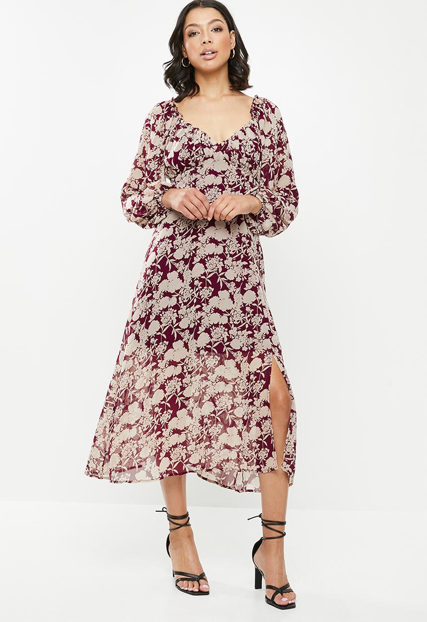 Missguided - Floral milkmaid midi dress - burgundy