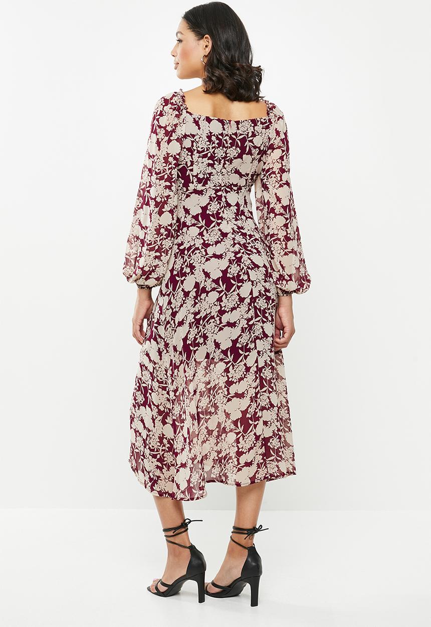 Missguided - Floral milkmaid midi dress - burgundy