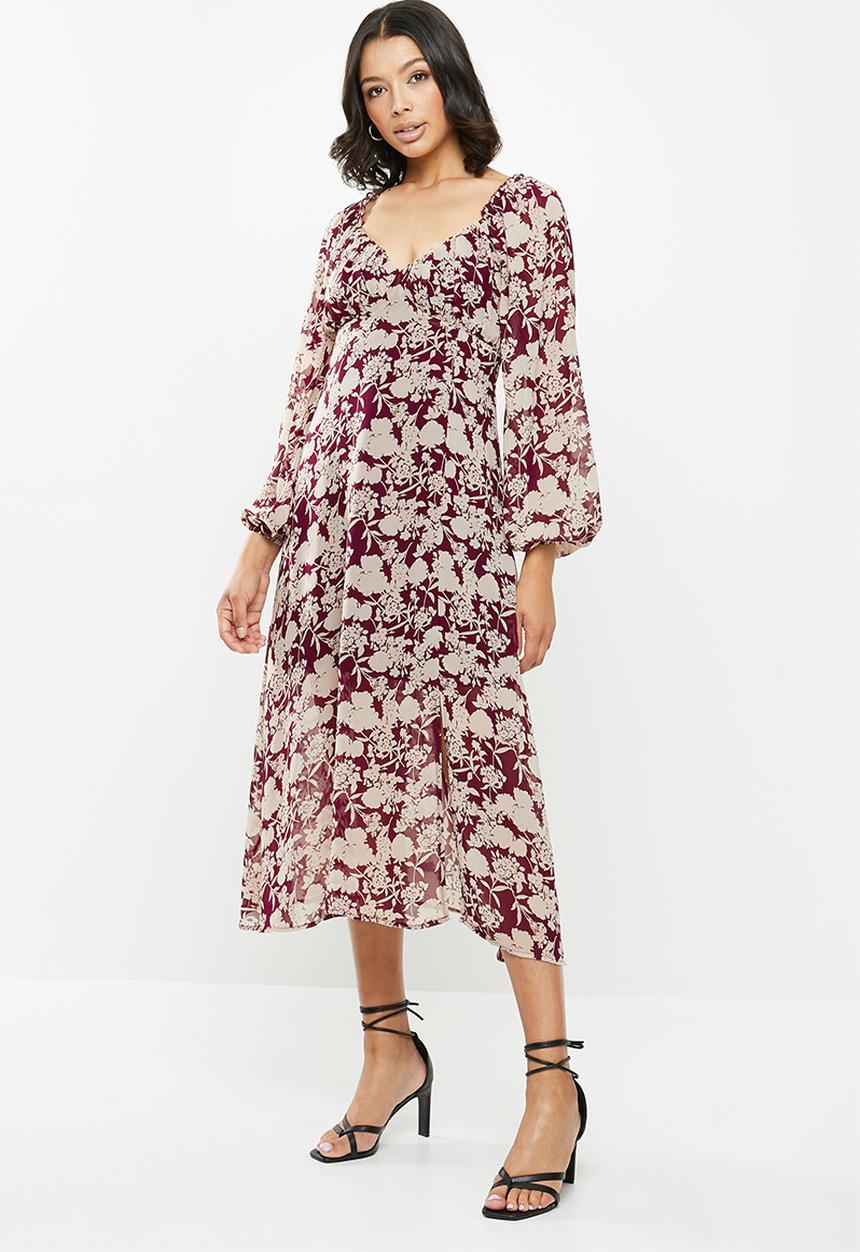 Missguided - Floral milkmaid midi dress - burgundy