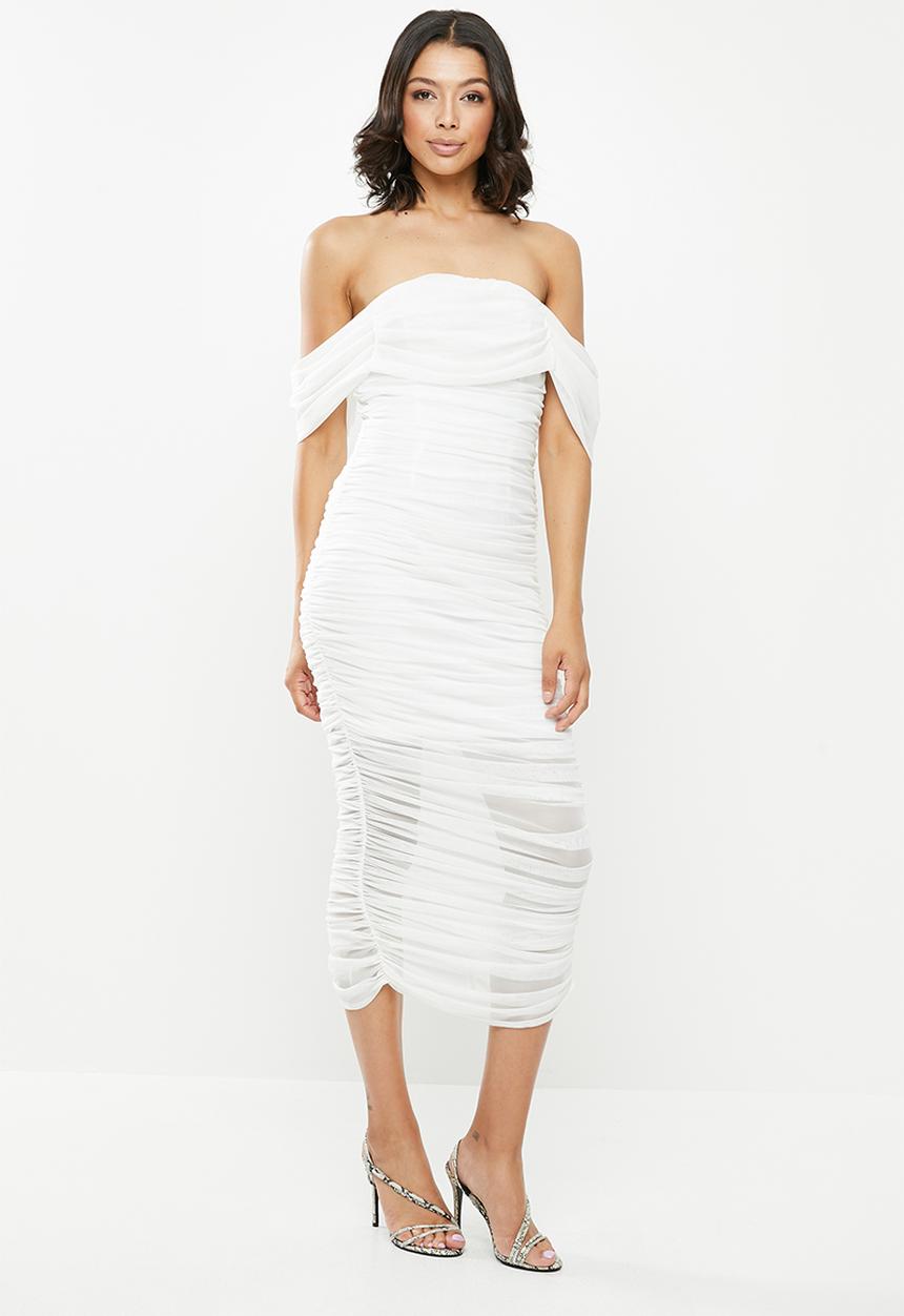 Missguided - Ruched bardot midi dress - white