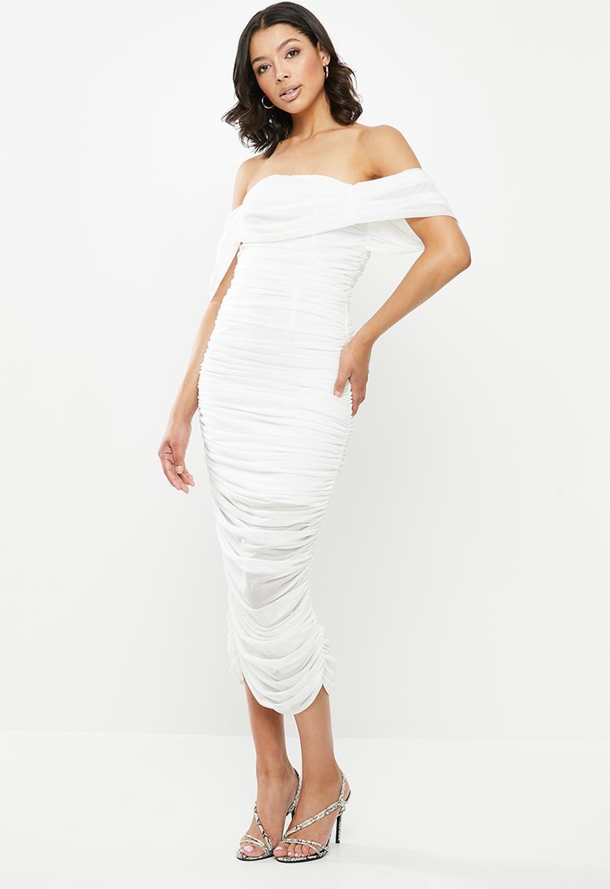 Missguided - Ruched bardot midi dress - white