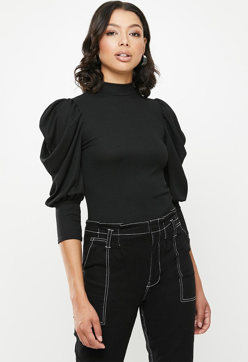 Missguided - Puff sleeve crew neck ribbed recycled yarn top - black