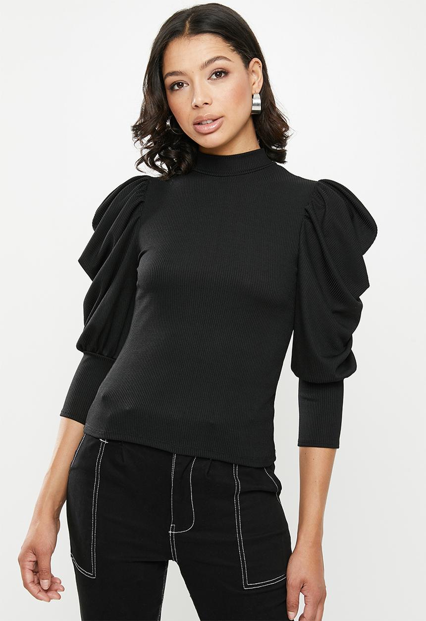 Missguided - Puff sleeve crew neck ribbed recycled yarn top - black