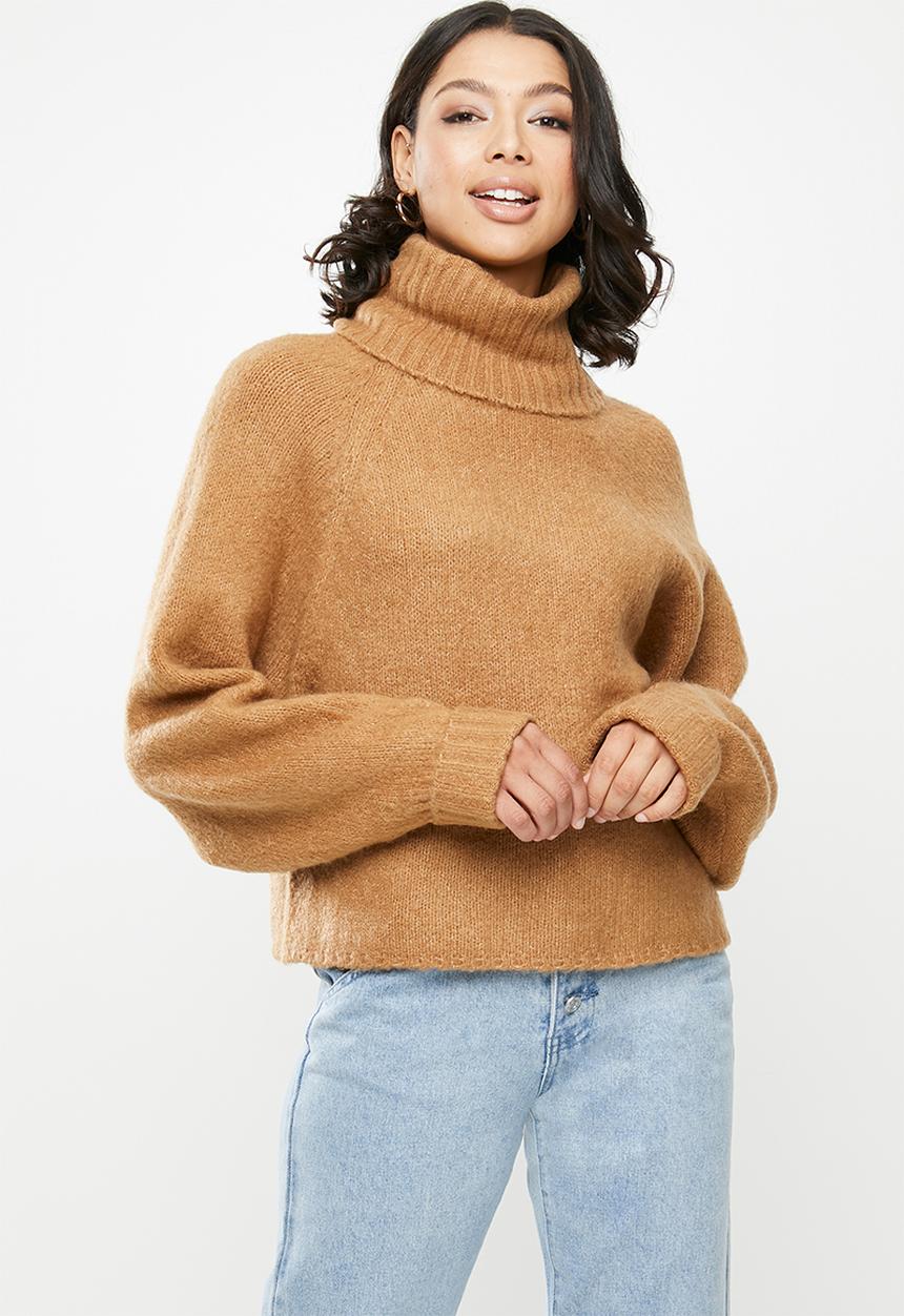 Missguided - Rib roll neck batwing jumper - camel