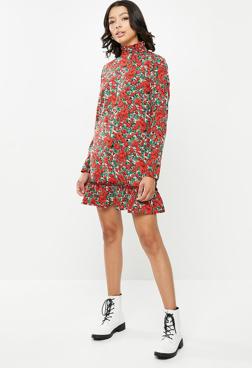Missguided - High neck drop waist smock dress floral - red