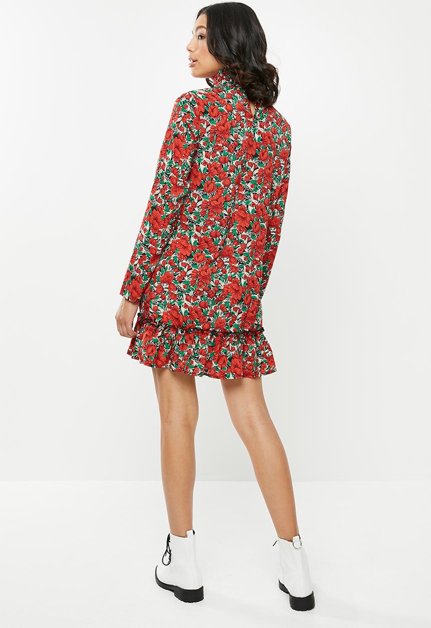 Missguided - High neck drop waist smock dress floral - red