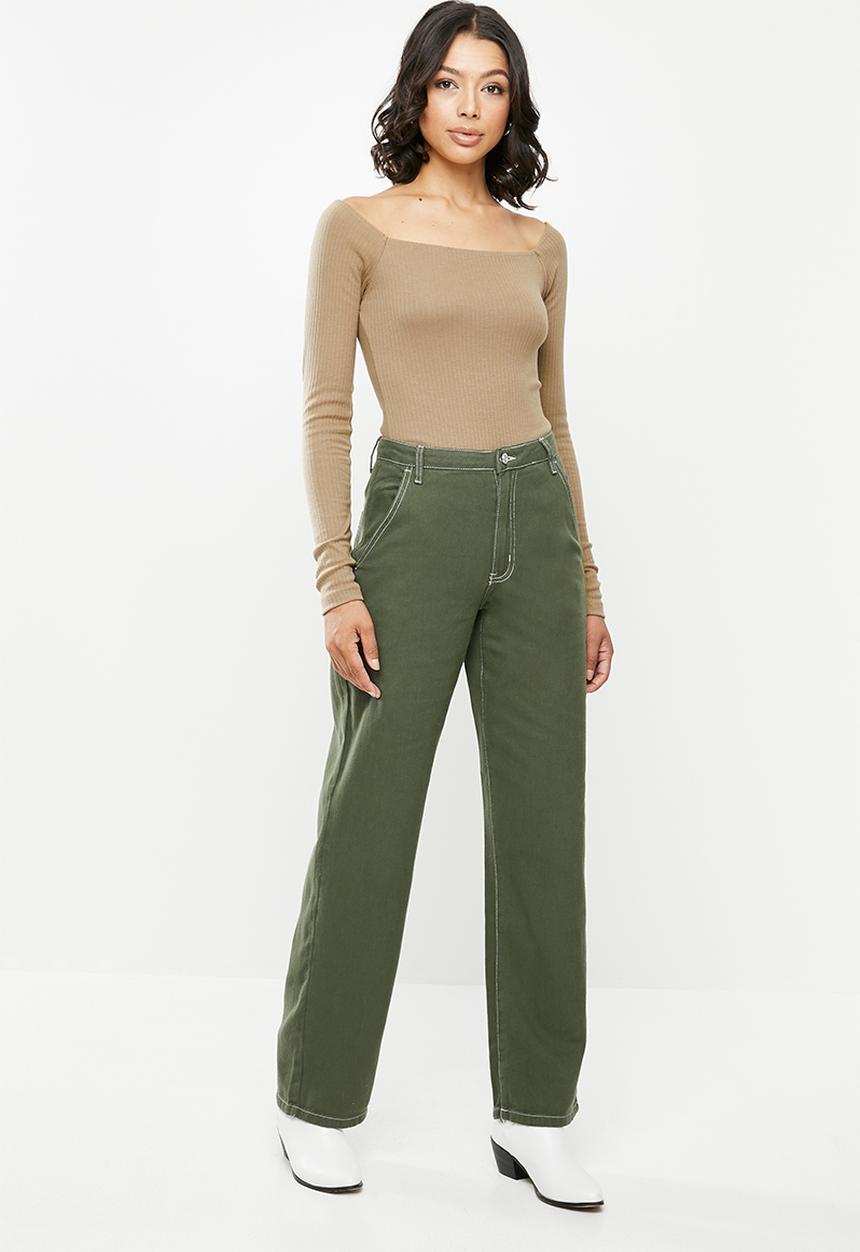 Missguided - Cropped wide leg contrast stitch corduroy - khaki