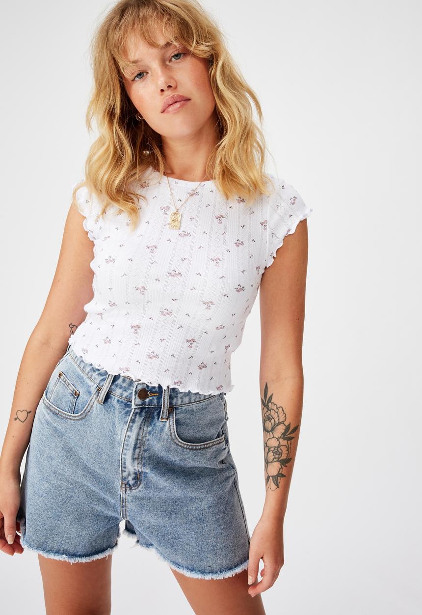 Factorie - Short sleeve pointelle top Hannah ditsy - pink & white