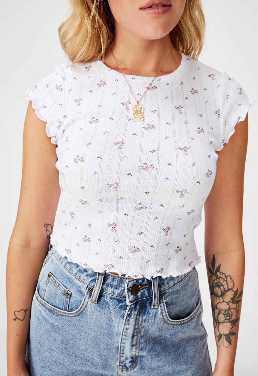 Factorie - Short sleeve pointelle top Hannah ditsy - pink & white