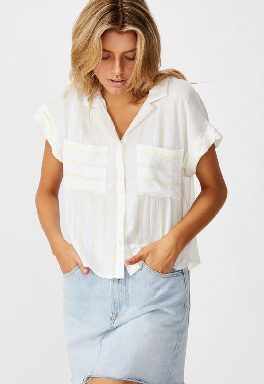 Cotton On - Emily chopped short sleeve shirt - white & yellow 