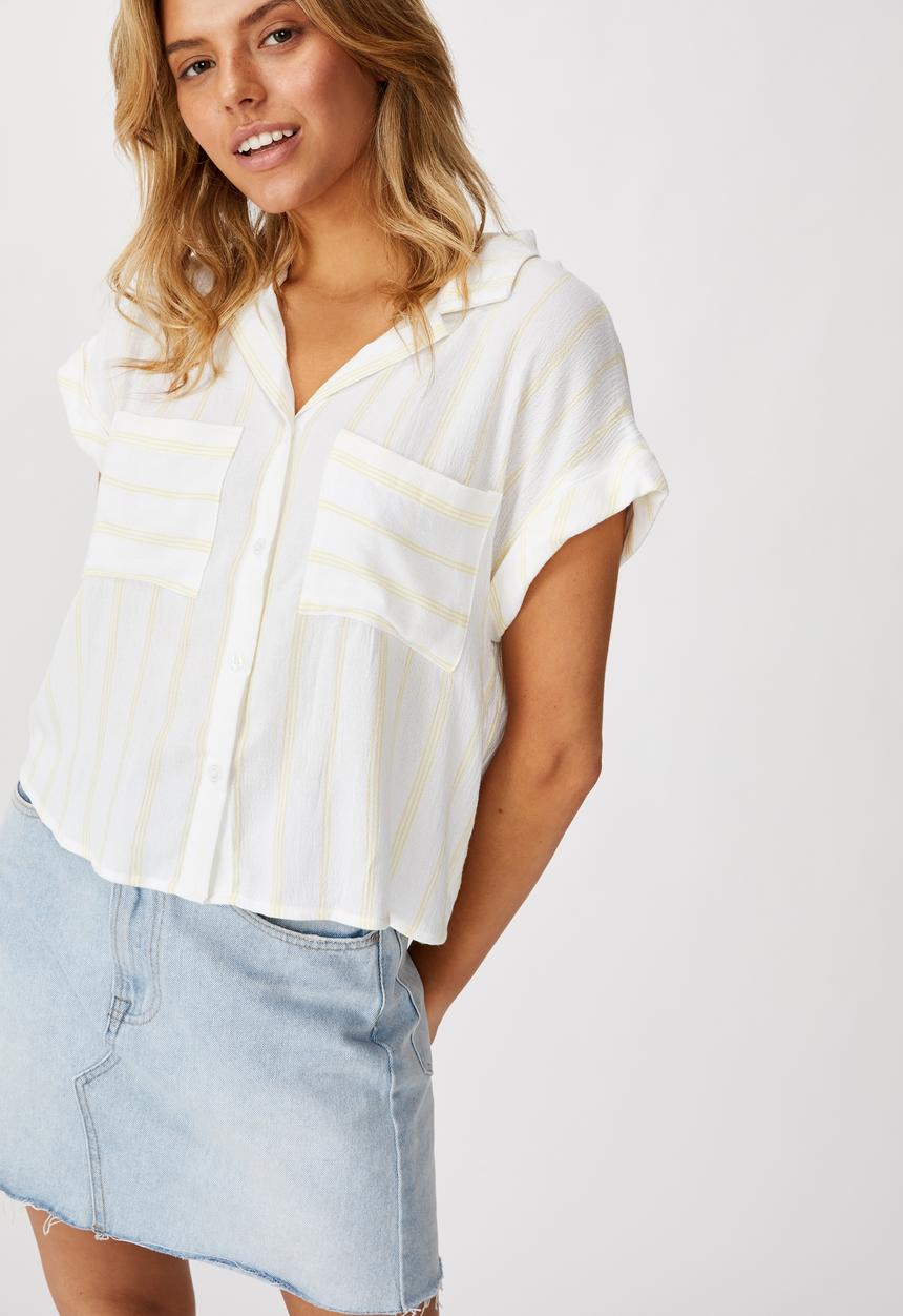 Cotton On - Emily chopped short sleeve shirt - white & yellow 