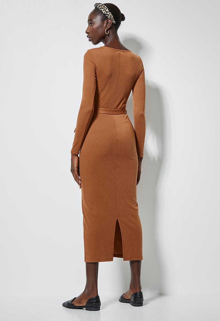 Superbalist - Rib belted bodycon dress - rust