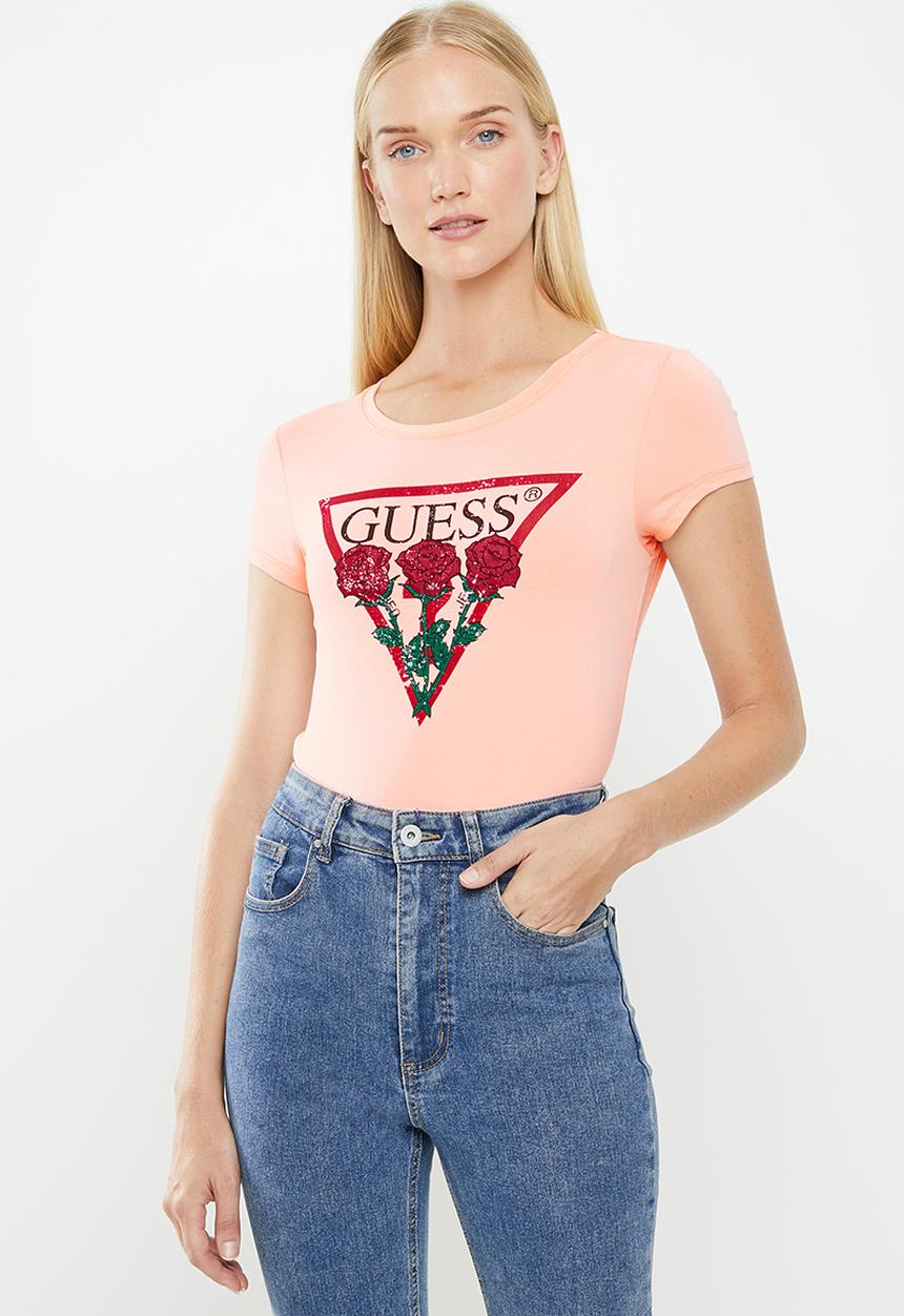 GUESS - Short sleeve roses tri tee - coral