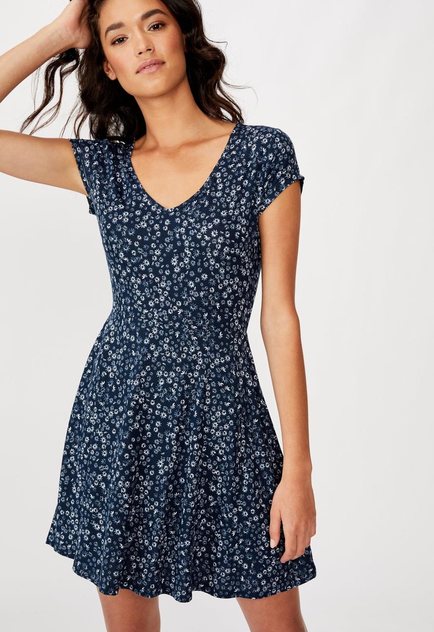 Cotton On - Becky tie back mini tea dress frankie ditsy - mood indigo
