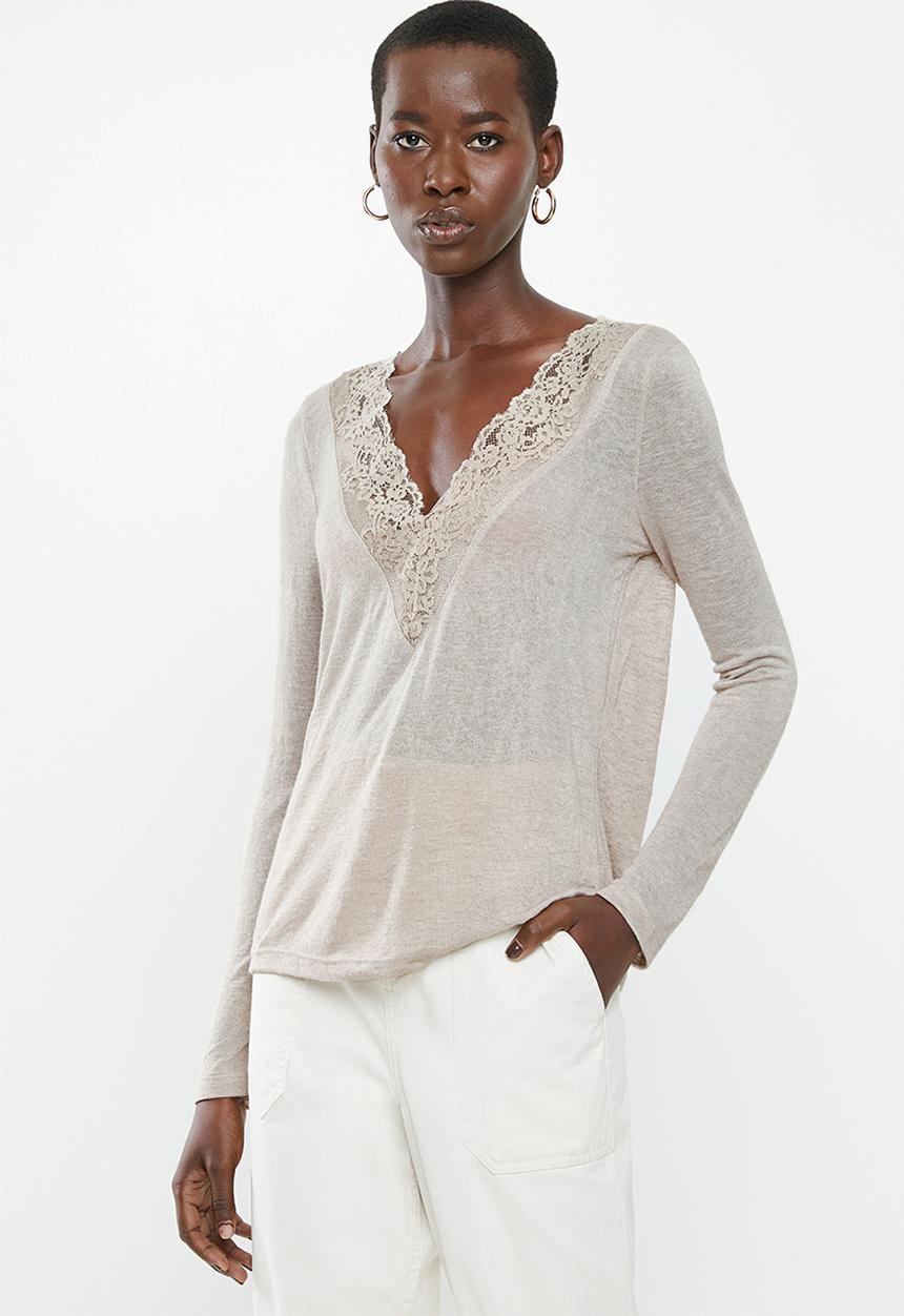 MANGO - Long sleeve lace detail top - pale grey