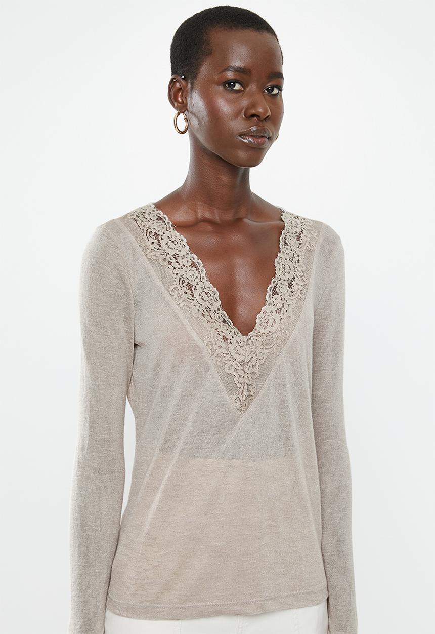 MANGO - Long sleeve lace detail top - pale grey