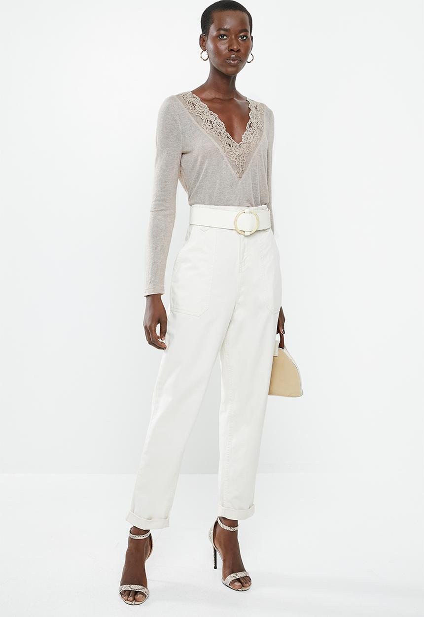 MANGO - Long sleeve lace detail top - pale grey