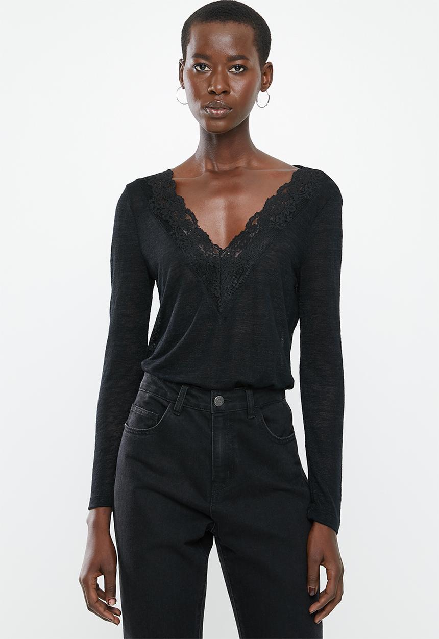 MANGO - Long sleeve lace detail top - black