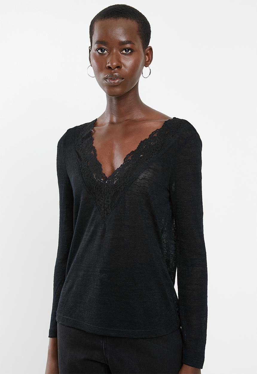 MANGO - Long sleeve lace detail top - black