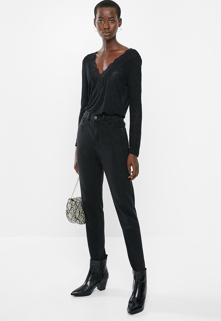 MANGO - Long sleeve lace detail top - black