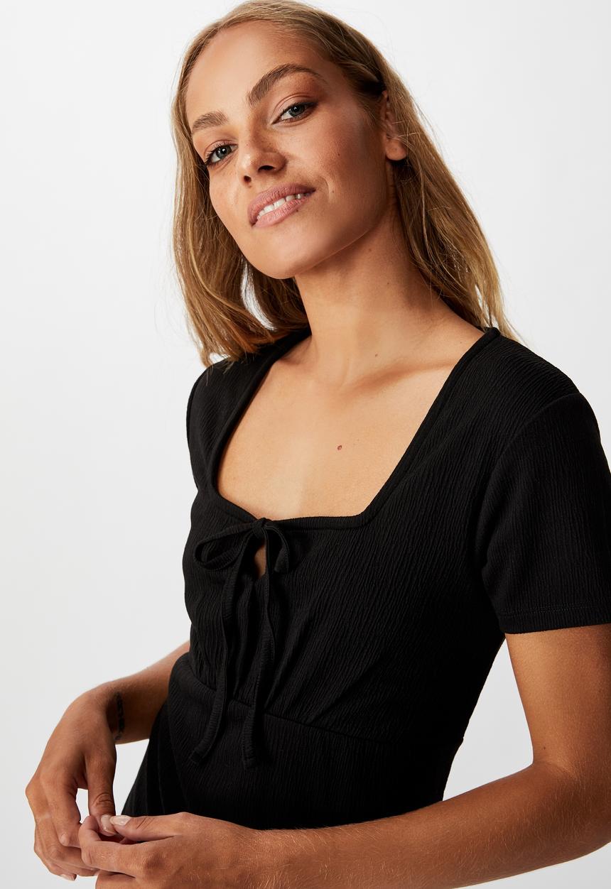 Cotton On - Yasmine gathered short sleeve mini dress - black