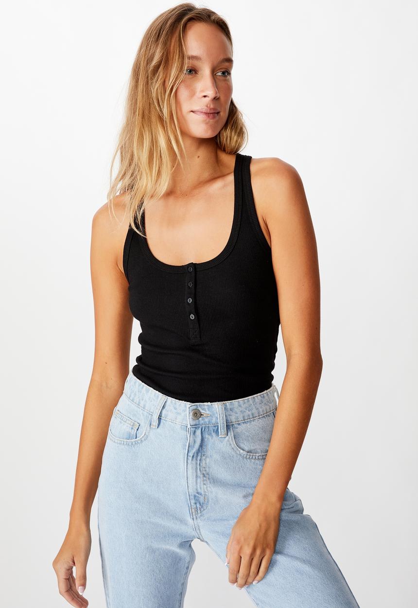 Cotton On - The long line henley tank - black