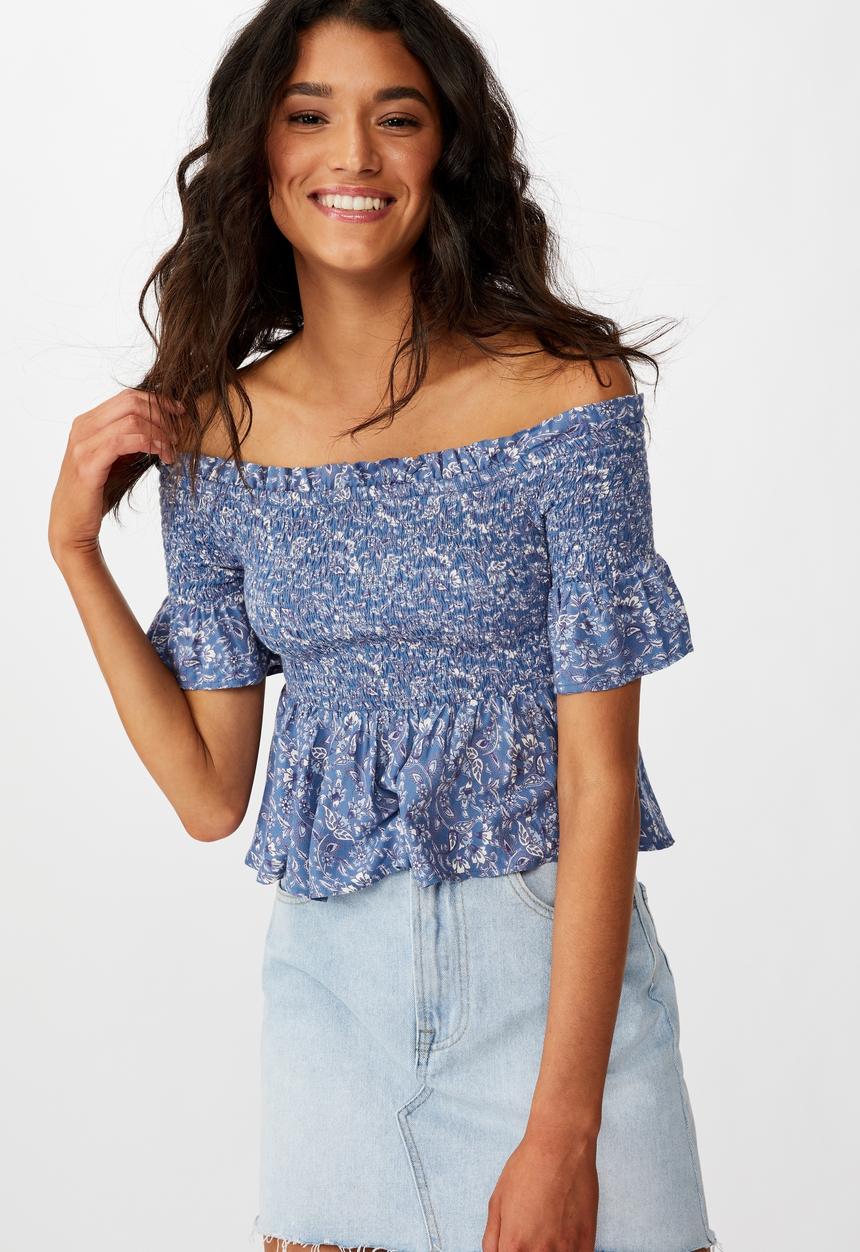Cotton On - Daisy off the shoulder shirred peplum top - blue 