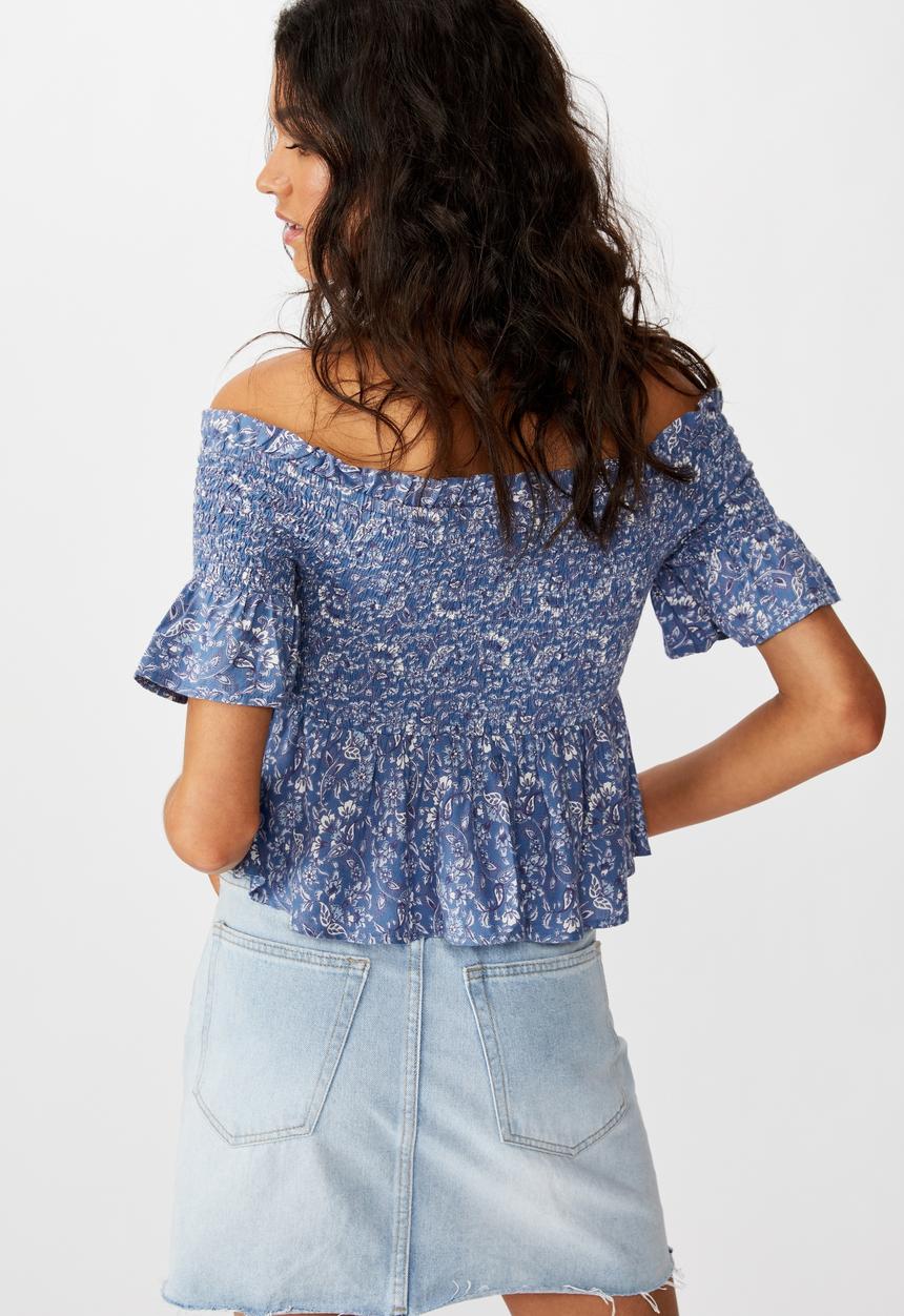 Cotton On - Daisy off the shoulder shirred peplum top - blue 