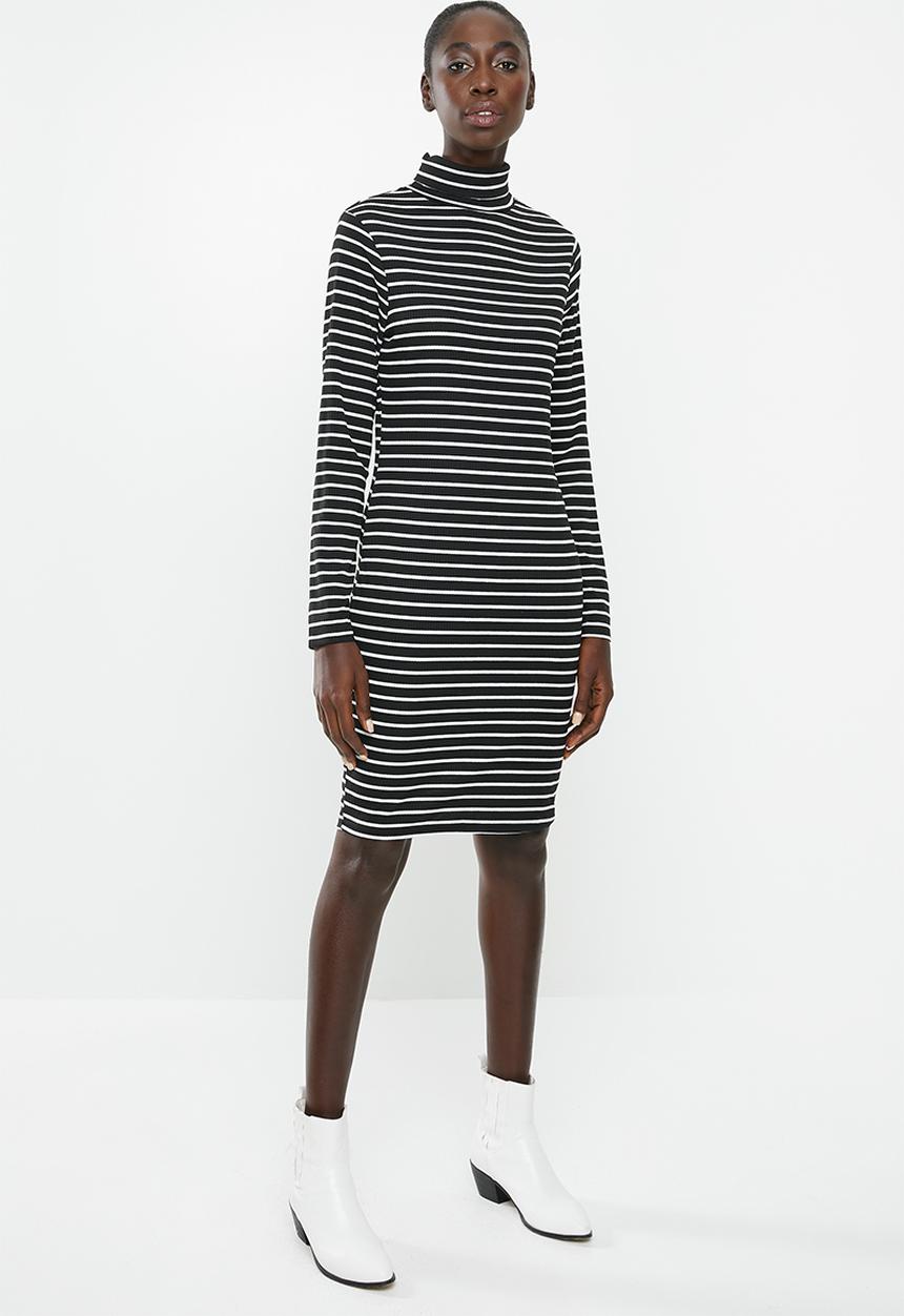 Brave Soul - Midi roll neck rib dress - black & white