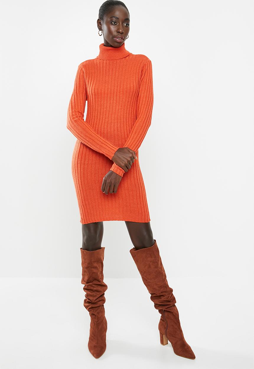 Brave Soul - Roll neck ribbed tunic dress - orange