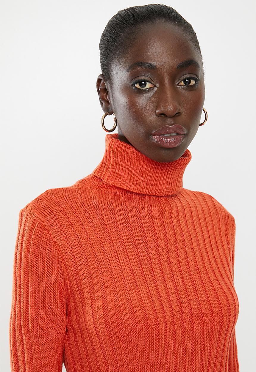 Brave Soul - Roll neck ribbed tunic dress - orange