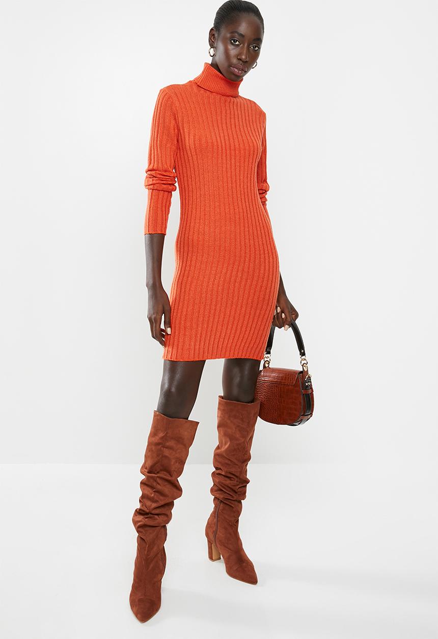 Brave Soul - Roll neck ribbed tunic dress - orange