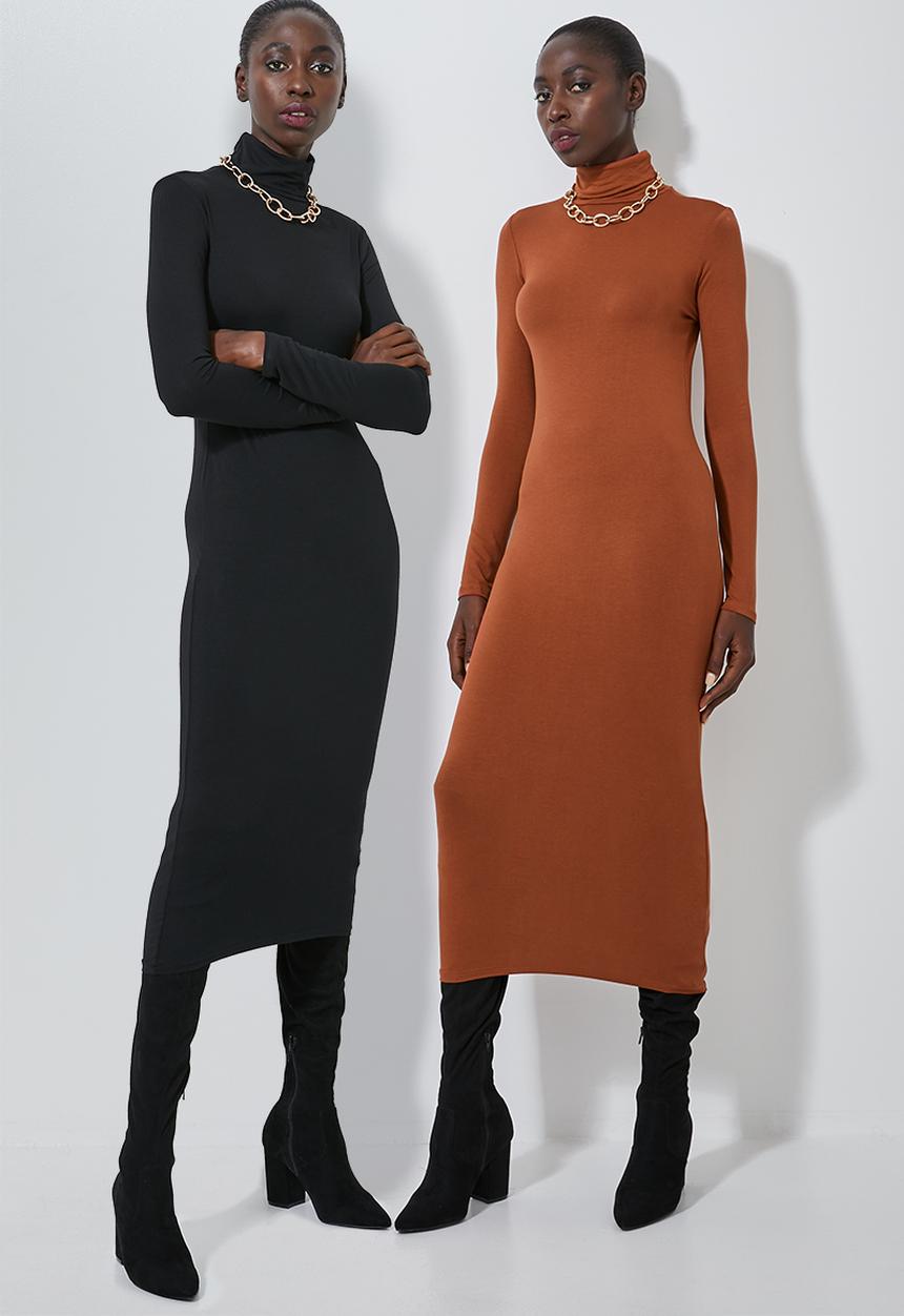 Superbalist - 2 pack polo neck midi dress - rust & black