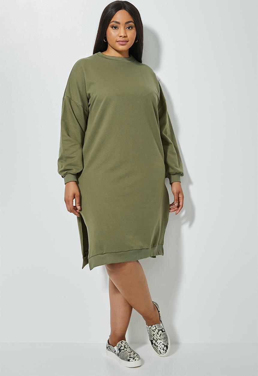 Superbalist - Drop shoulder crewneck sweat dress - khaki