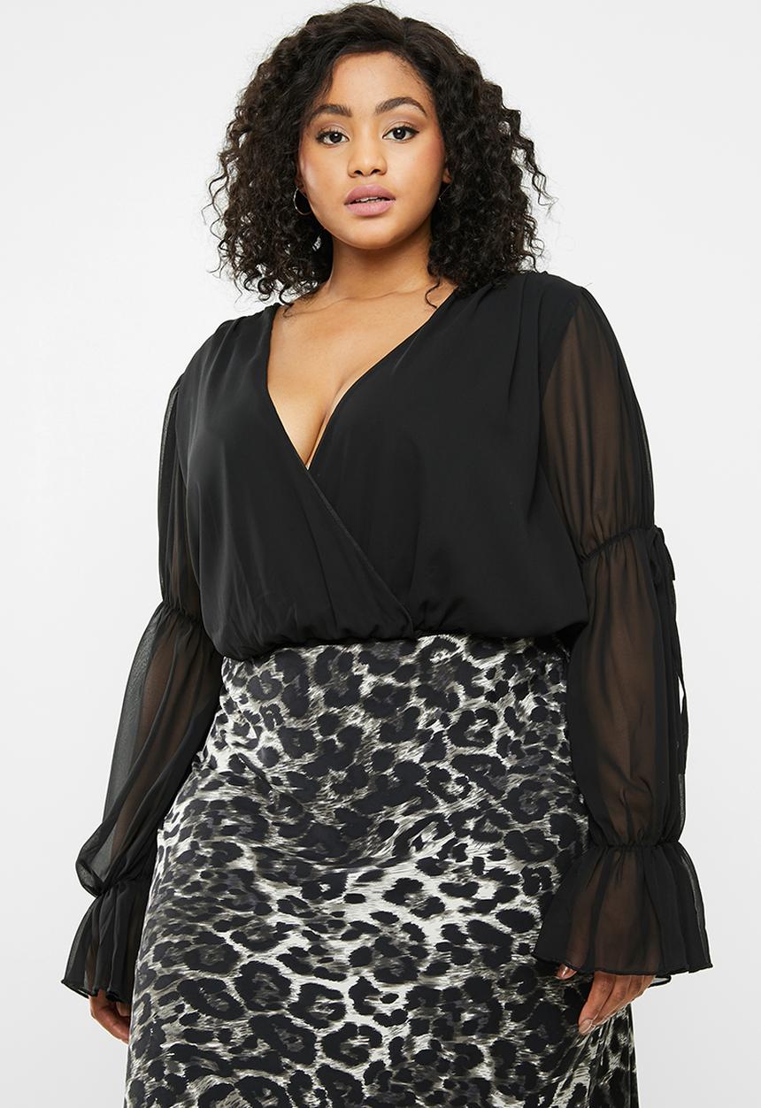 Missguided - Curve chiffon plunge tie sleeves bodysuit - black