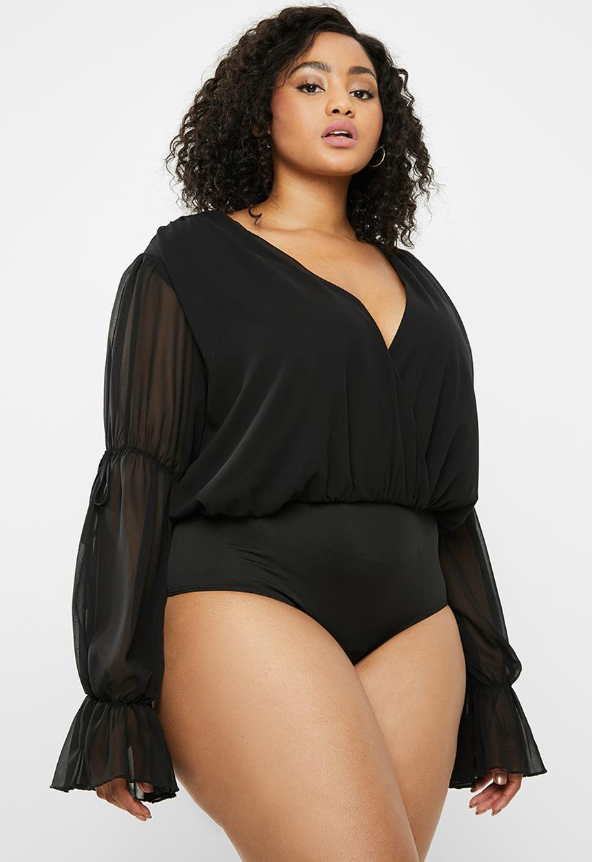 Missguided - Curve chiffon plunge tie sleeves bodysuit - black