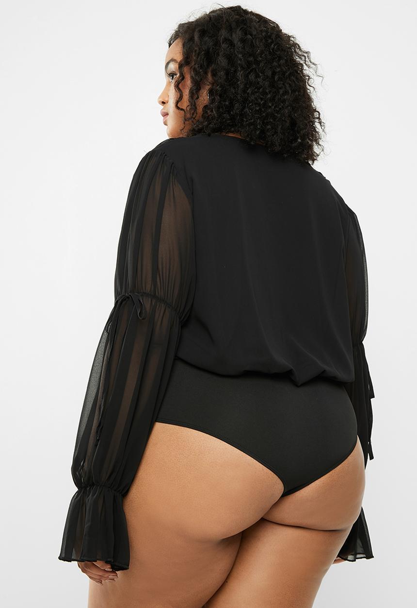 Missguided - Curve chiffon plunge tie sleeves bodysuit - black