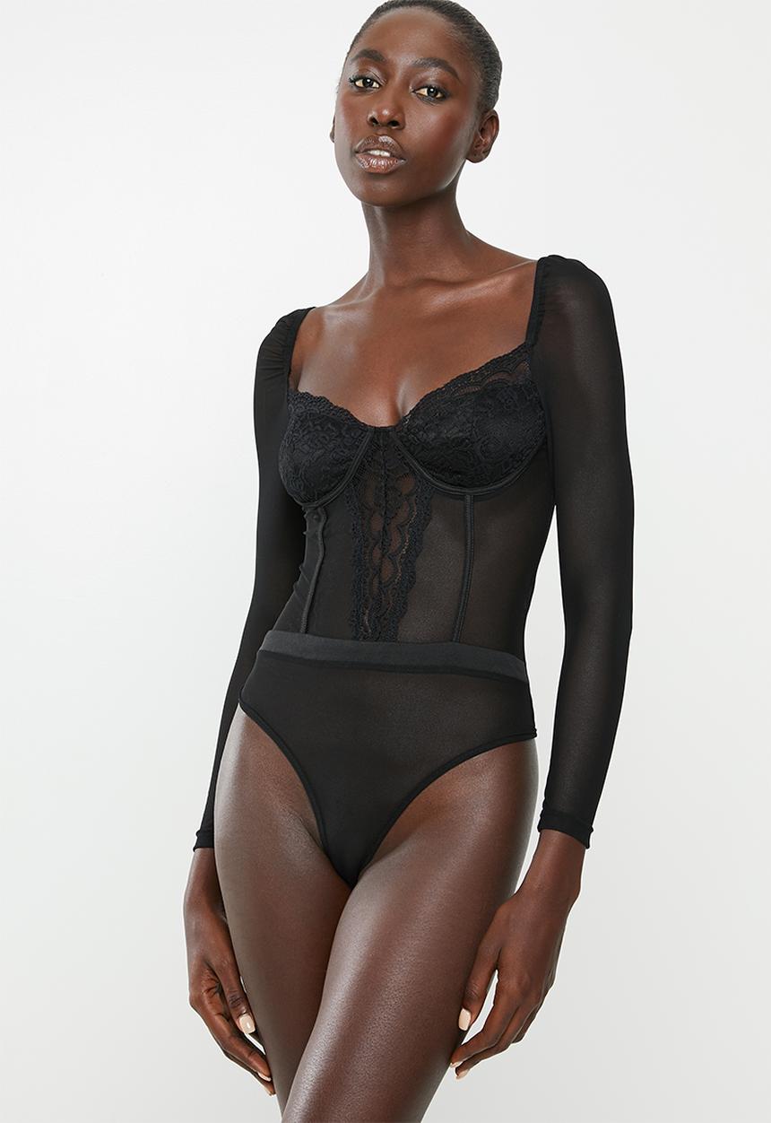 Missguided - Mesh lace corset detail long sleeve bodysuit - black