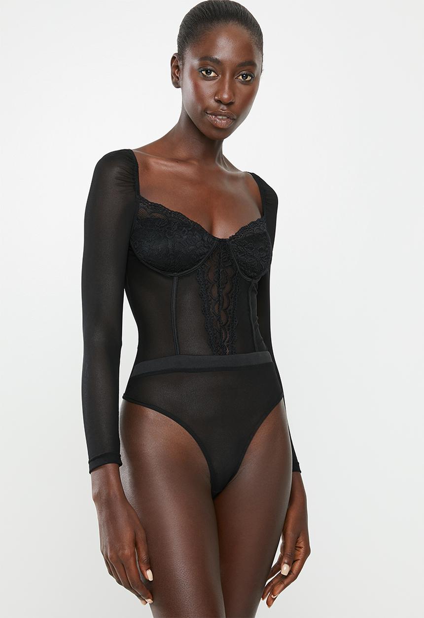Missguided - Mesh lace corset detail long sleeve bodysuit - black