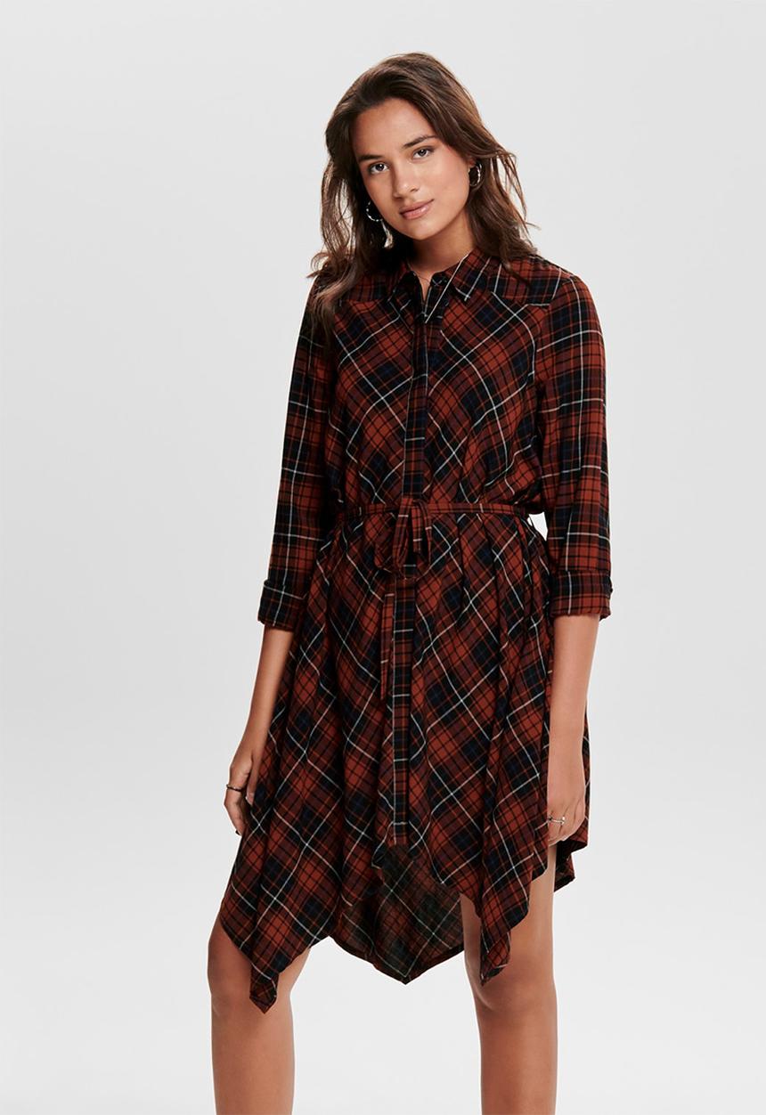 ONLY - Bexliv check denim shirt dress - red & black 