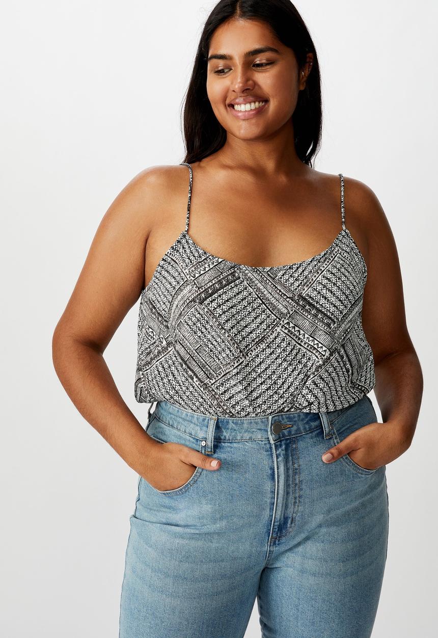 Cotton On - Curve astrid cropped scoop neck cami billie spliced geo - black & whit