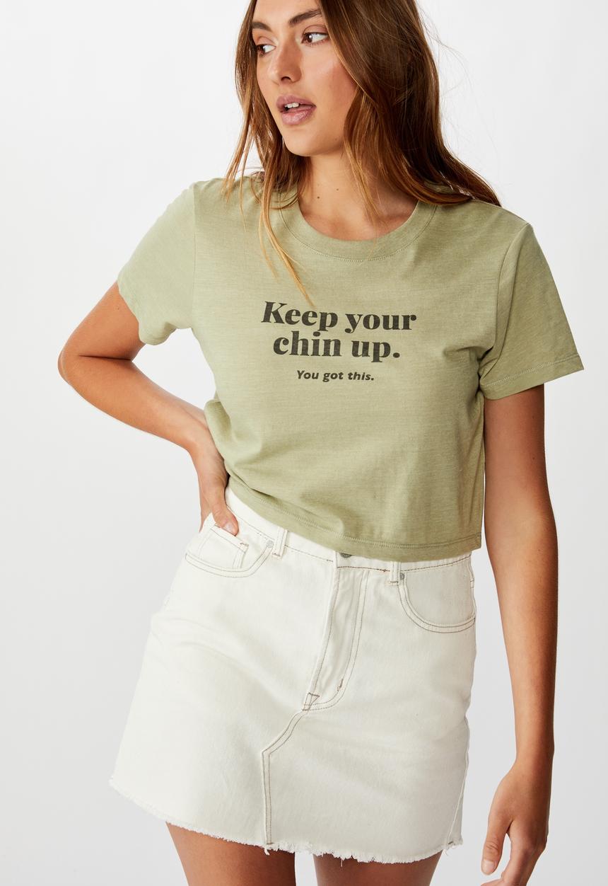 Cotton On - Tbar Cara graphic crop T-shirt keep your chin up - tea