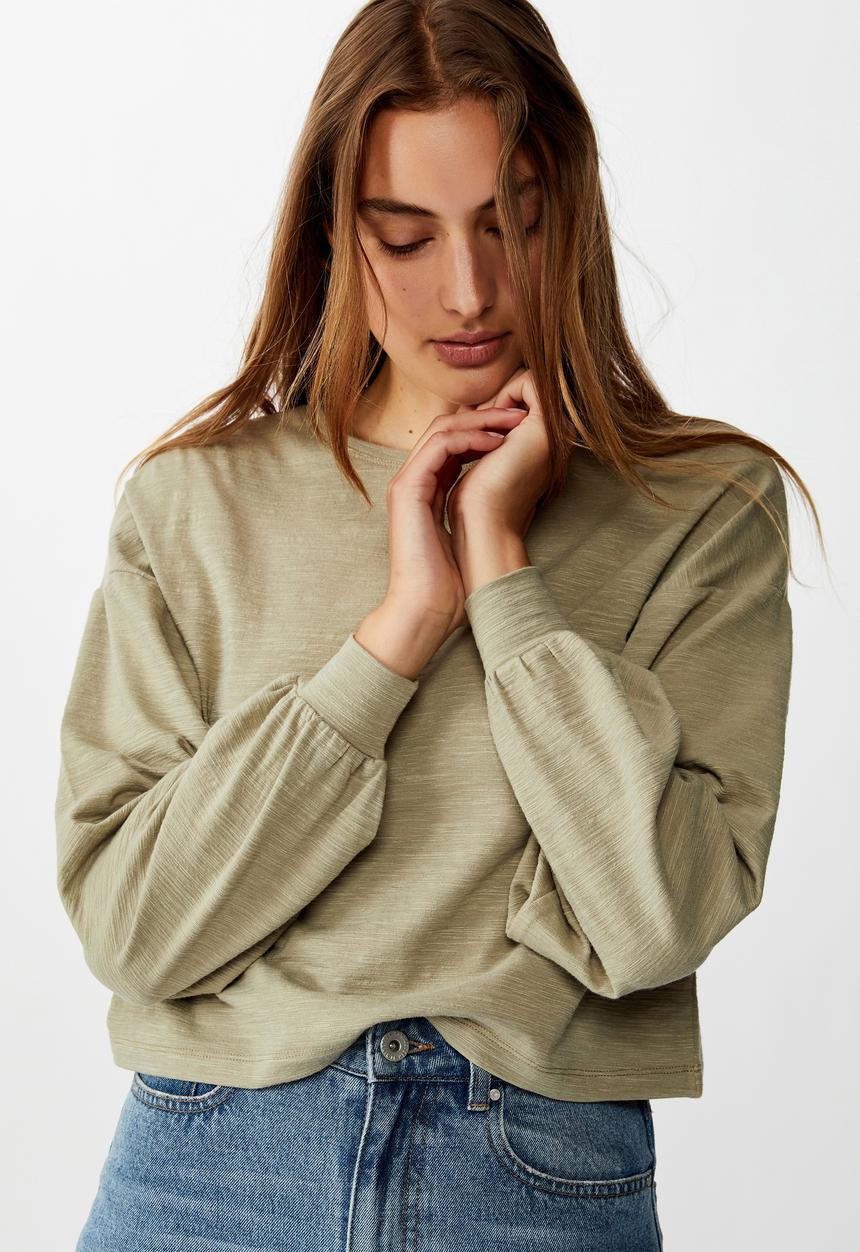 Cotton On - Reid chop blouson long sleeve top - khaki
