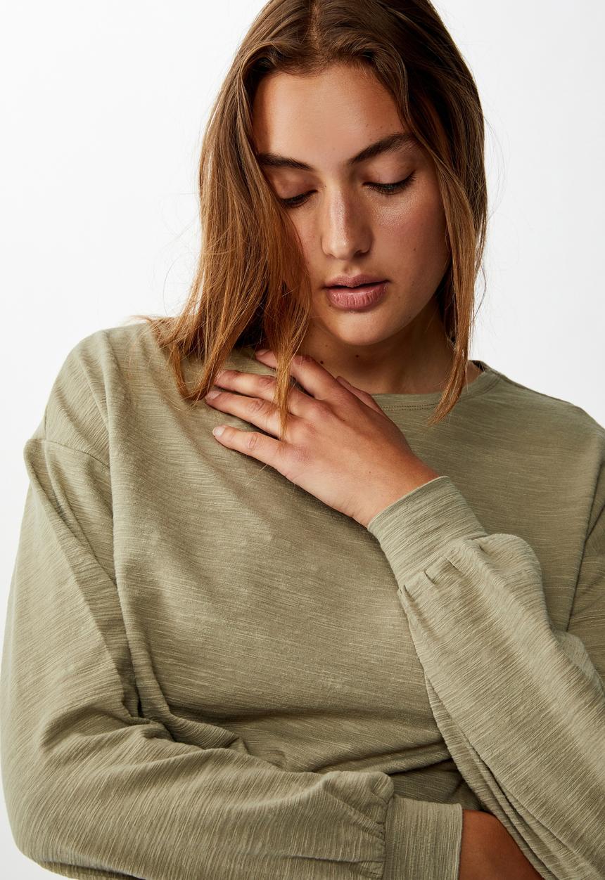 Cotton On - Reid chop blouson long sleeve top - khaki
