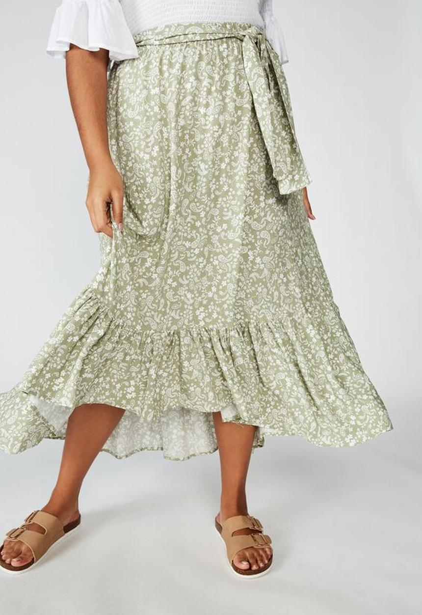 Cotton On - Curve gypsy tiered maxi skirt blair floral paisley - khaki & white 