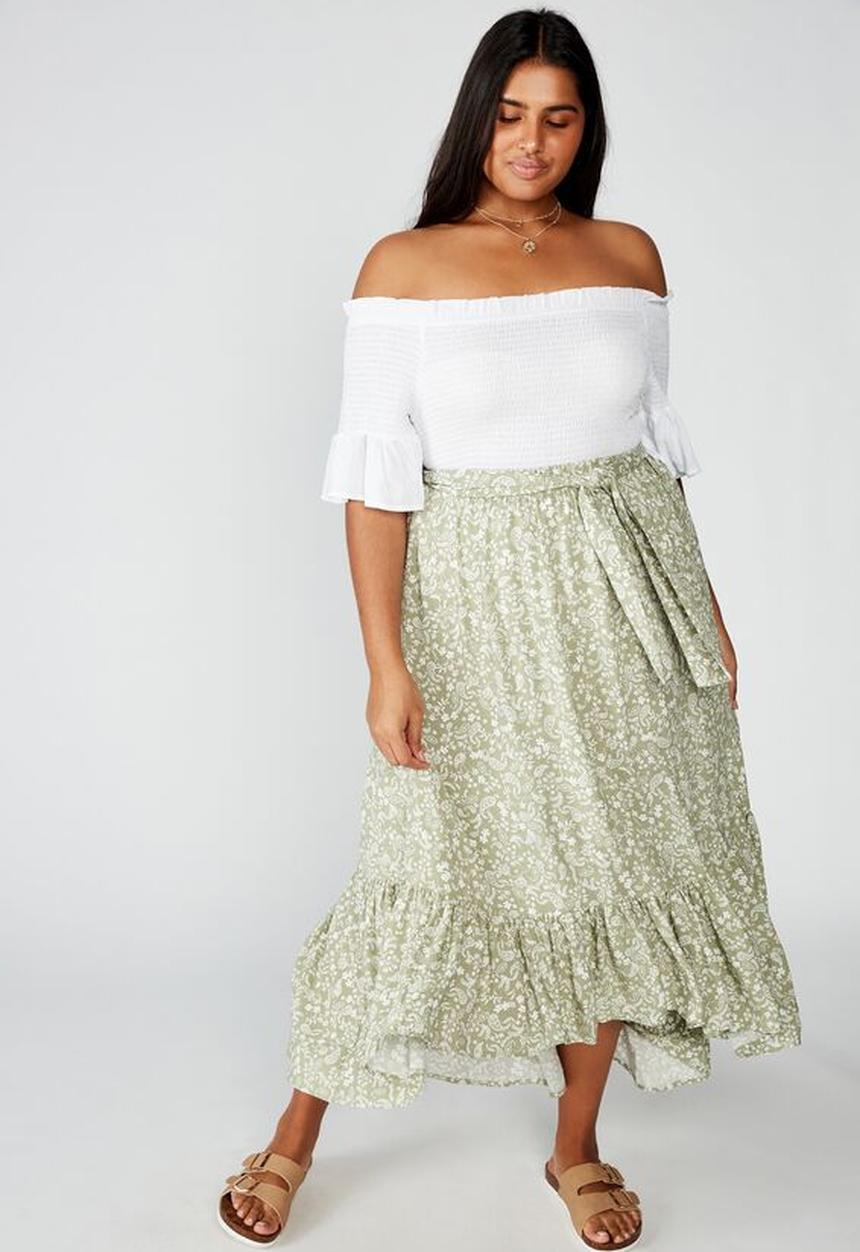 Cotton On - Curve gypsy tiered maxi skirt blair floral paisley - khaki & white 