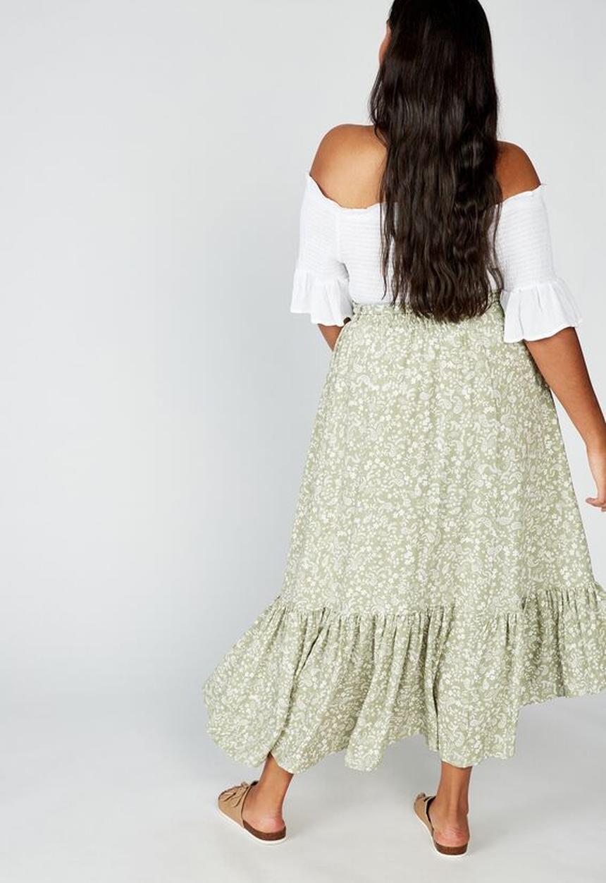 Cotton On - Curve gypsy tiered maxi skirt blair floral paisley - khaki & white 